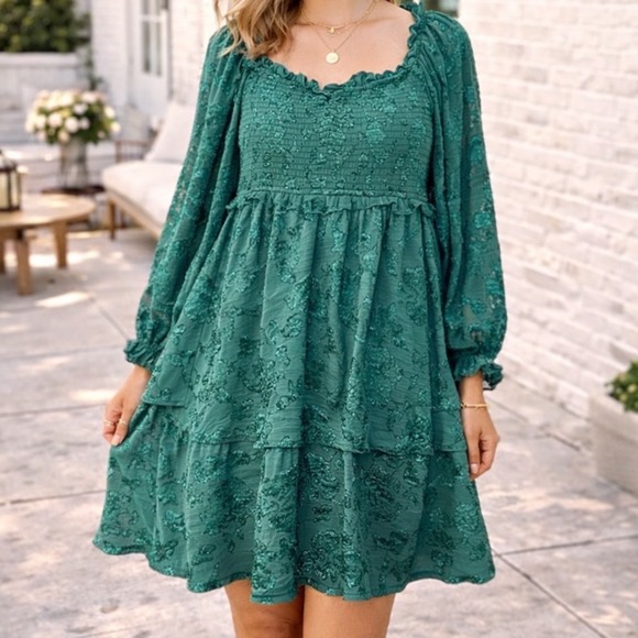 ARULA Dresses & Skirts - Arula Ellenie-P Green Floral Burnout Smocked Tiered Mini Dress Womens A 1X 14 G2